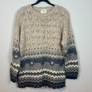 Handknit‎ Blue Chunky Knit Cotton Embroidered Classic Sweater Womens M Oversized